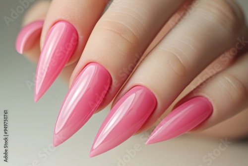 Close-up of a hand with a pink gel polish manicure.