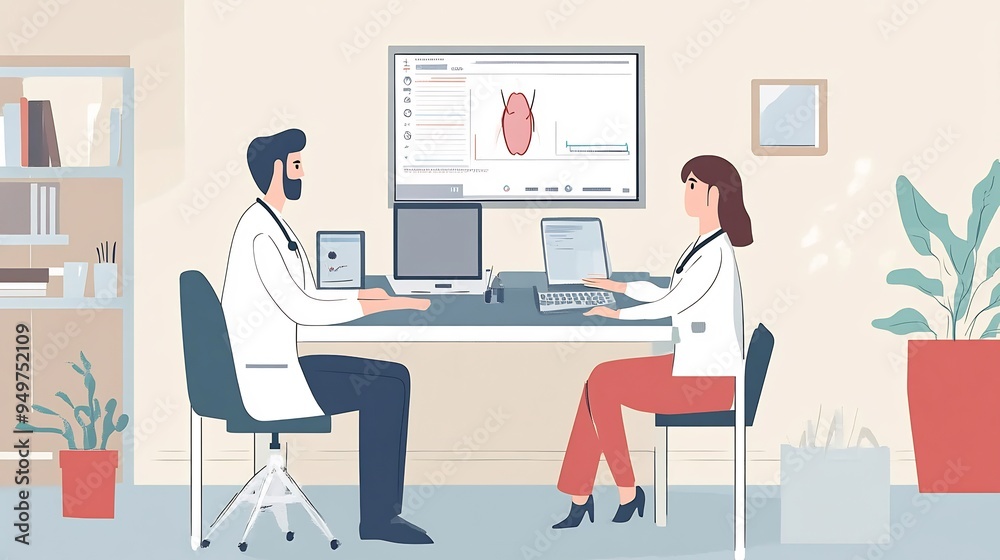 Illustration of a virtual health consultation with a doctor discussing symptoms with a patient online Illustration of a virtual health consultation with a doctor discussing symptoms with a patient online