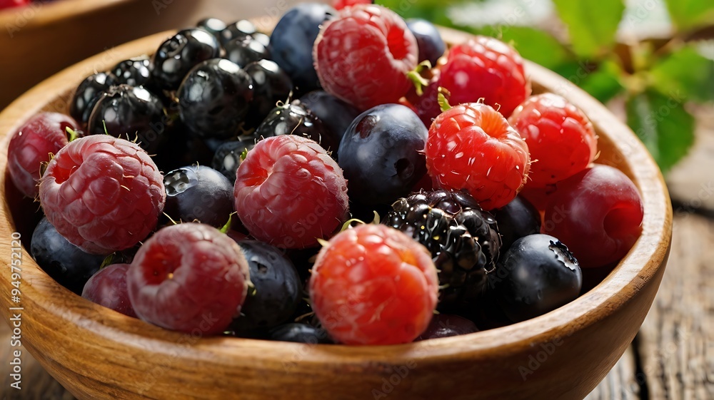 Fresh Raspberries, Blueberries, and Blackberries in a Wooden Bowl Fresh Raspberries, Blueberries, and Blackberries in a Wooden Bowl