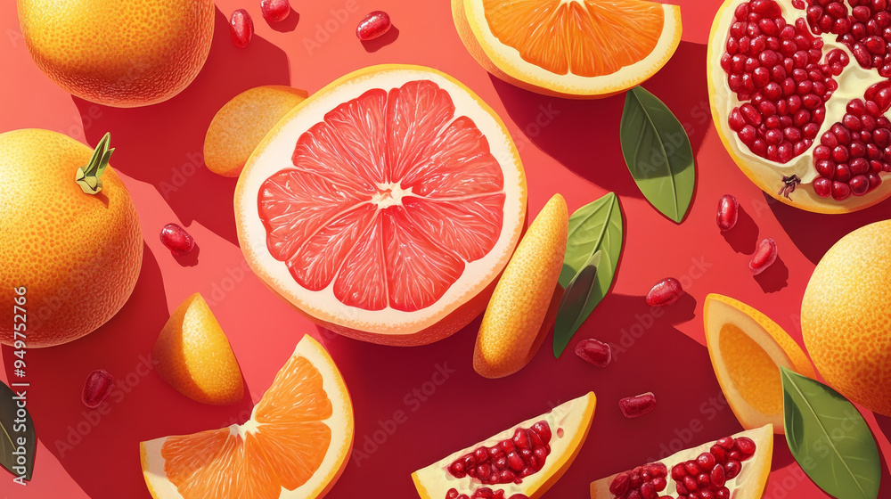 A vibrant display of juicy fruits on a red background, including a sliced grapefruit, an orange, a pomegranate, and a sweet citrus fruit (such as a pomelo). The vivid red backdrop highlights the fresh