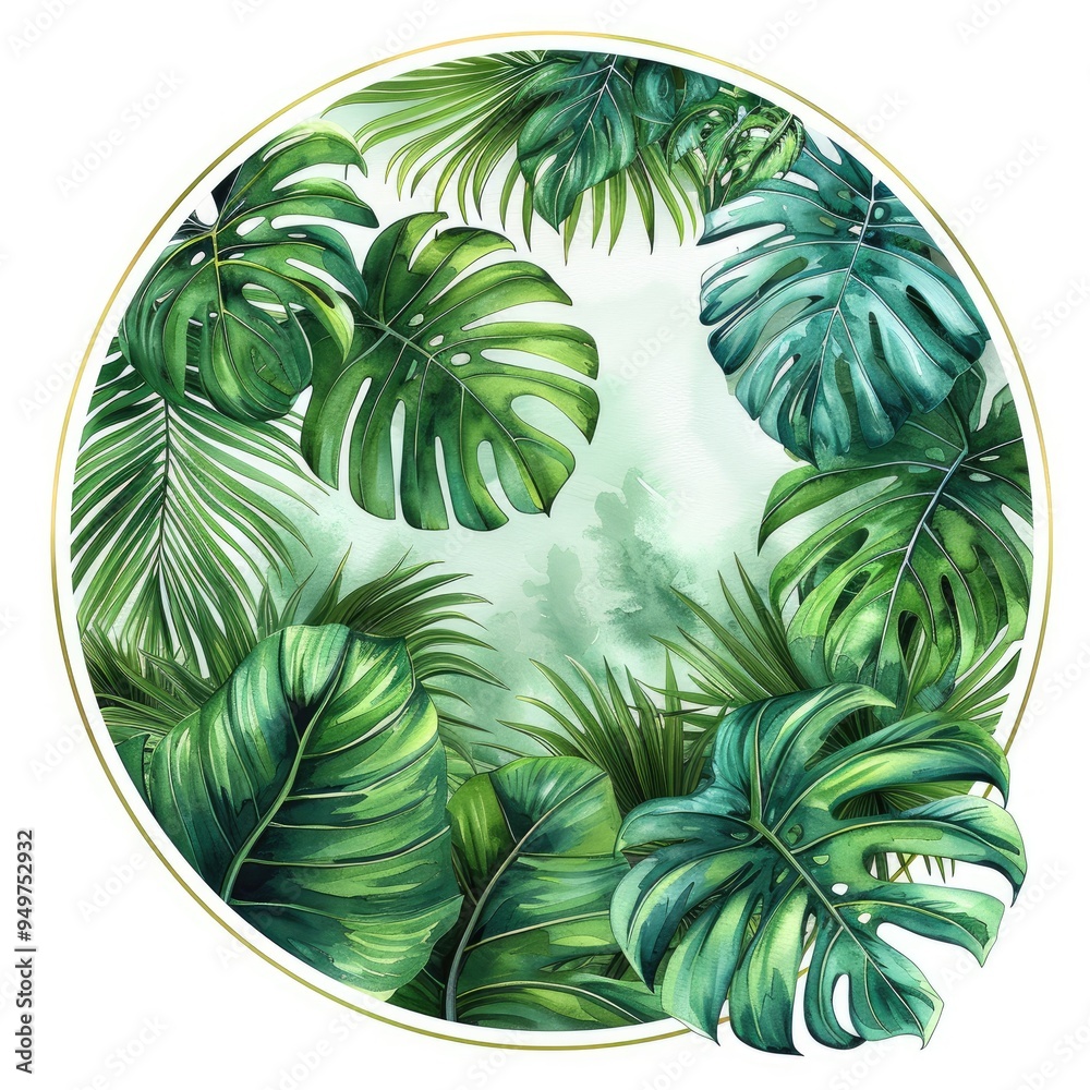 Fototapeta premium Tropical leaves and geometric patterns in green on a white background