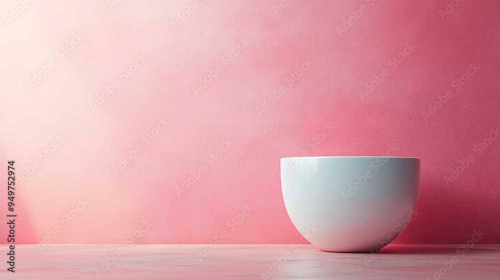 A white bowl sits on a pink wall