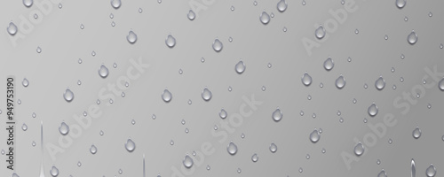 Rain transparent drops flow down the glass.Realistic wet condensation texture.Fresh water splash effect on the surface.Liquid spreading droplet shapes.