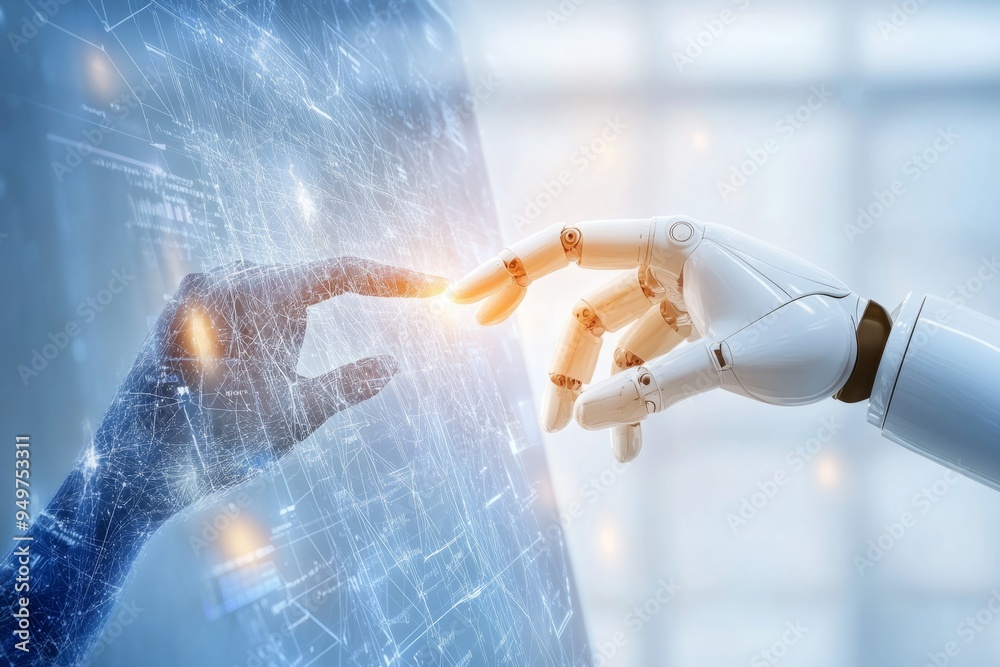 A robotic hand reaches out to touch a digital interface. This image ...