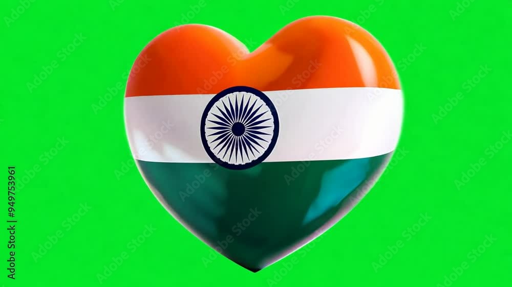 Glossy Heart-Shaped Indian Flag Rotating on Green Screen