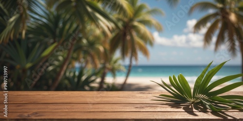 Serene tropical beach paradise with wooden deck and palm leaves. photo