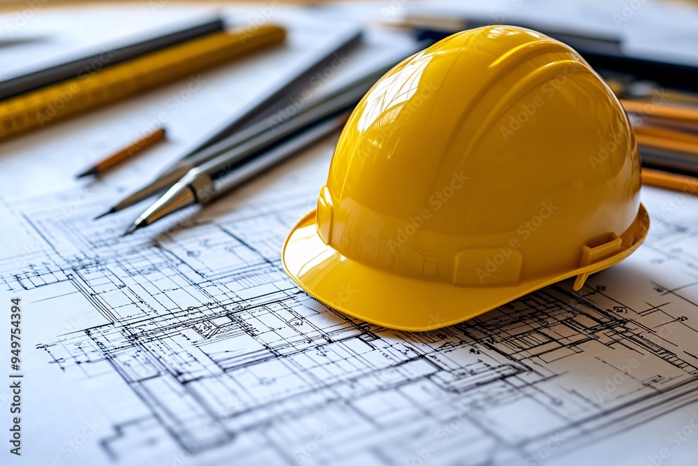 A yellow hard hat rests on detailed architectural blueprints, symbolizing construction, safety, and project planning. A yellow hard hat rests on detailed architectural blueprints, symbolizing construction, safety, and project planning.