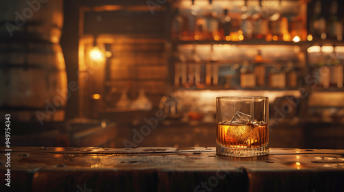 A glass of whiskey sits on a bar counter