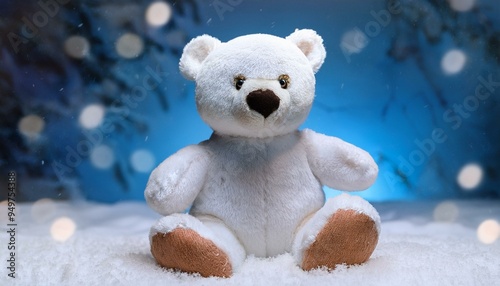 A plush polar bear sitting in the snow