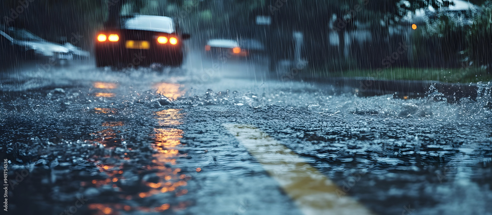 Short term torrential rain causing roads to flood with copy space image available Short term torrential rain causing roads to flood with copy space image available