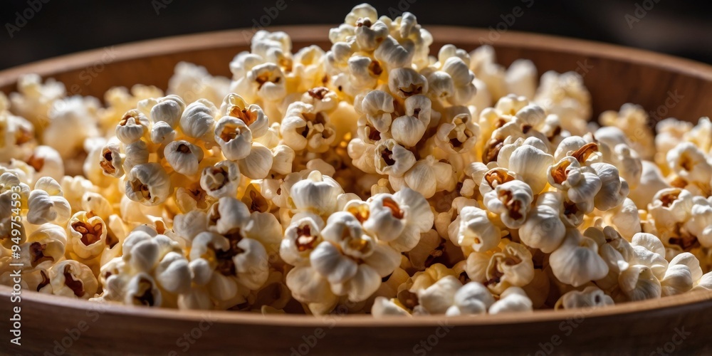 Close-up of freshly popped popcorn in a wooden bowl. Close-up of freshly popped popcorn in a wooden bowl.