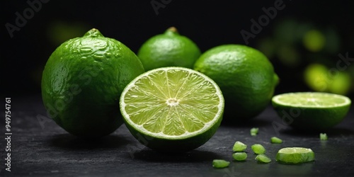 Full and halved green lime fruit on black background.