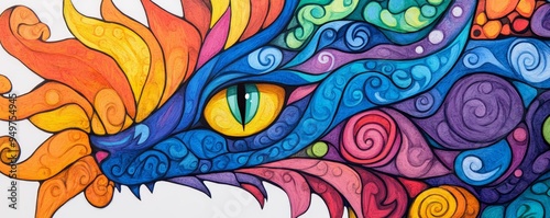 Vibrant dragon artwork featuring intricate swirls and bright colors, perfect for fantasy and art enthusiasts.