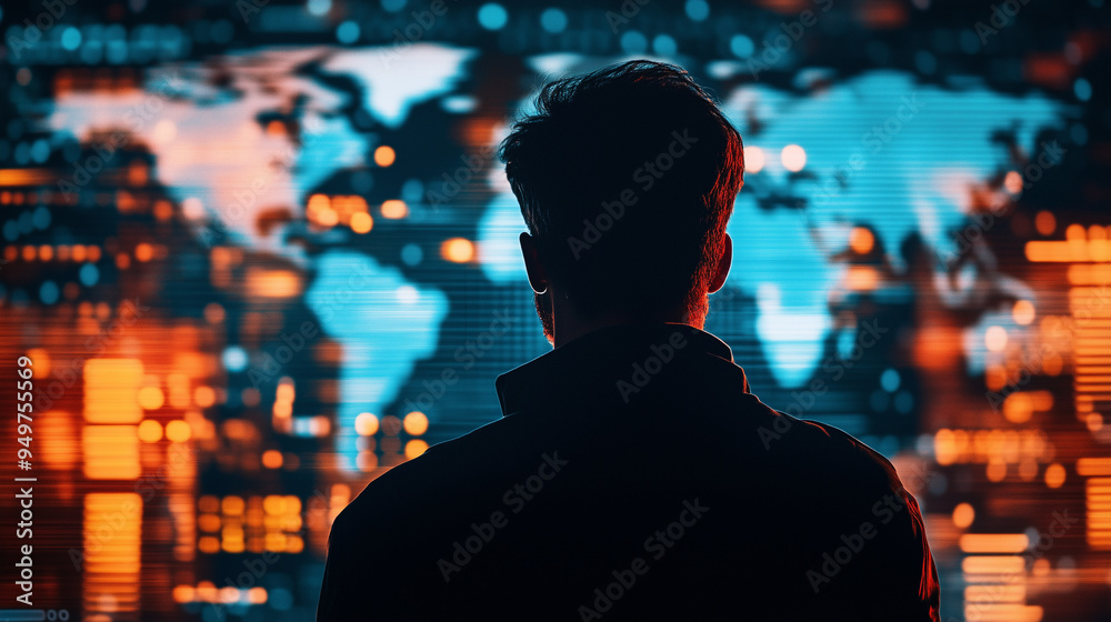 A silhouette of a man standing in front of a digital world map display, symbolizing global connectivity, data analysis, and cybersecurity in a high-tech environment. A silhouette of a man standing in front of a digital world map display, symbolizing global connectivity, data analysis, and cybersecurity in a high-tech environment.