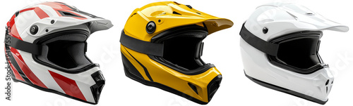 Set of motorcycle helmets in different colors and designs isolated on transparent background photo