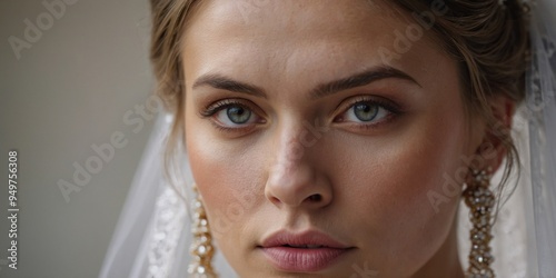 Close up of face of bride with serious face and no or natural makeup. photo