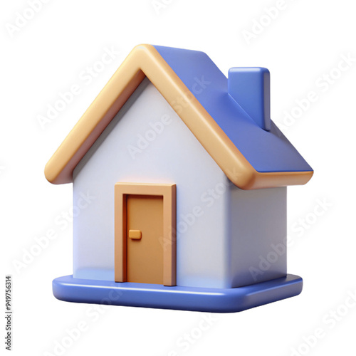 House with Roof: A simple 3D house icon with a triangular roof, square base, and a visible front door. The design should be minimalistic with clean lines