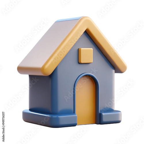 House with Roof: A simple 3D house icon with a triangular roof, square base, and a visible front door. The design should be minimalistic with clean lines
