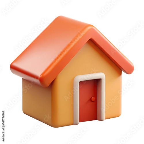House with Roof: A simple 3D house icon with a triangular roof, square base, and a visible front door. The design should be minimalistic with clean lines