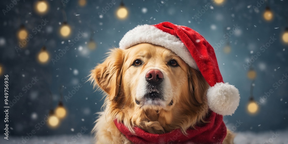 Golden Retriever in Santa Hat During Snowy Christmas. Golden Retriever in Santa Hat During Snowy Christmas.