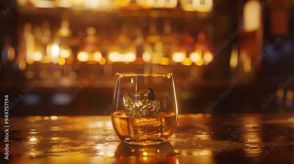 A glass of whiskey sits on a bar counter A glass of whiskey sits on a bar counter
