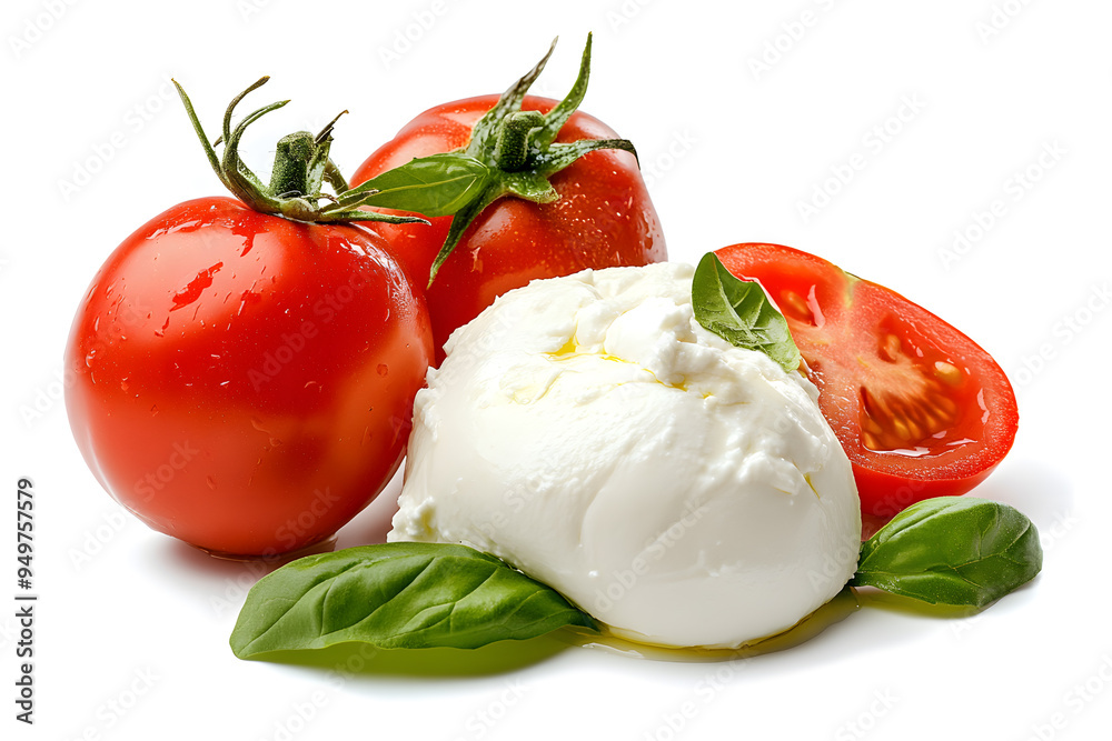 Fresh piece burrata cheese with basil and tomatoes close up isolated on white background Fresh piece burrata cheese with basil and tomatoes close up isolated on white background