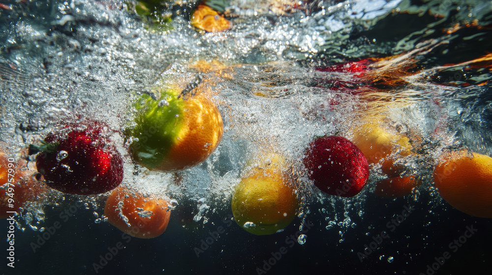 The water is caught in motion, with droplets flying in all directions, capturing the energy of the impact. Fruits like pineapples, mangoes, papayas, and oranges are suspended in the water, surrounded The water is caught in motion, with droplets flying in all directions, capturing the energy of the impact. Fruits like pineapples, mangoes, papayas, and oranges are suspended in the water, surrounded
