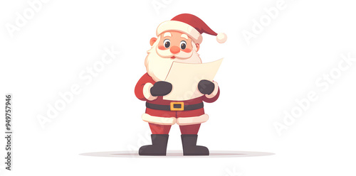 Cartoon illustration of Santa Claus holding empty paper or wish list isolated on white background. Merry Christmas and Happy New Year.