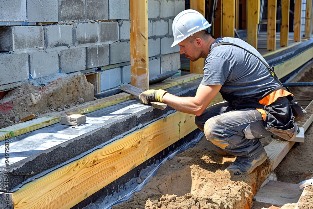 Worker installing sustainable insulation panels, focused and careful, in a green construction site Worker installing sustainable insulation panels, focused and careful, in a green construction site