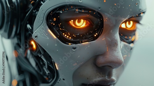 Futuristic Robot Woman Close Up with Glowing Eye