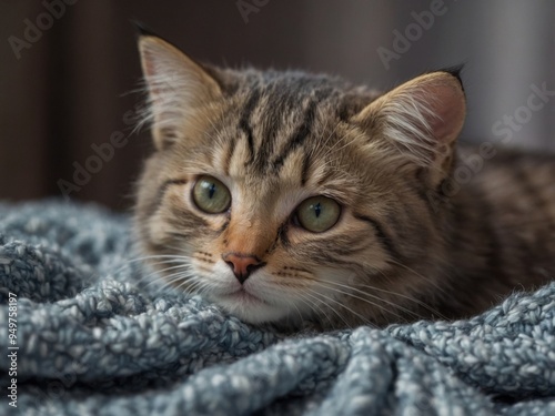 Kitten relaxing on a cozy blanket with alert gaze.