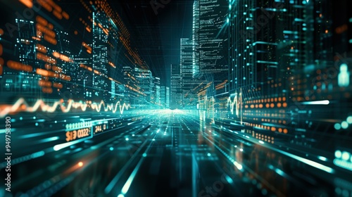 Futuristic Cityscape with Data and Technology Concepts