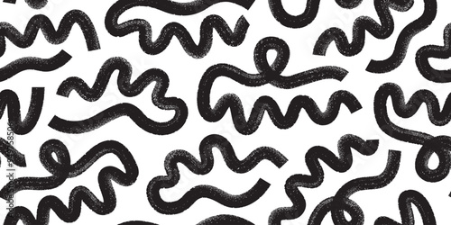 Abstract black ink brush waves, squiggles, strokes vector seamless pattern. Hand drawn grunge curved organic shapes
