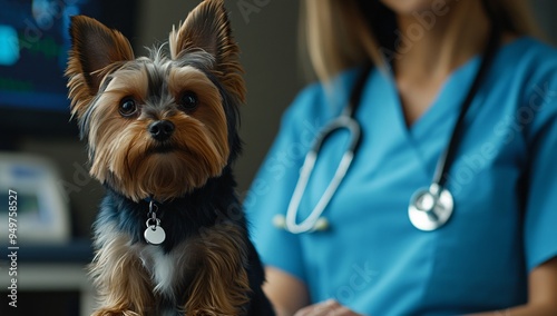 Professional Veterinarian with Adorable Yorkshire Terrier Dog in Clinic