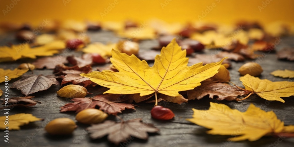 A collection of fall leaves arranged on a bright yellow surface. A collection of fall leaves arranged on a bright yellow surface.
