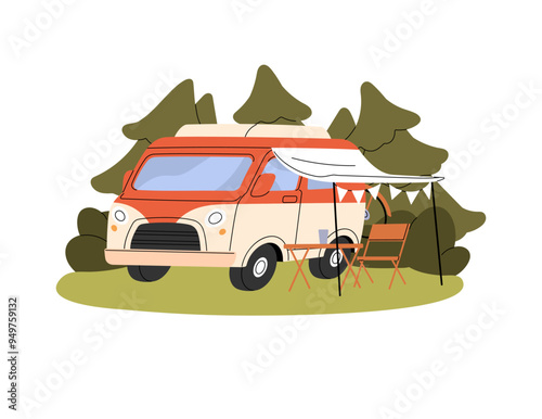 Retro motorhome stands on camping. Camper for family travel at nature. Caravan, car is on campsite. Auto home, vintage automobile for tourism. Flat isolated vector illustration on white background