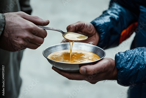 Volunteers feed the homeless. Free soup in a bowl of beggar.