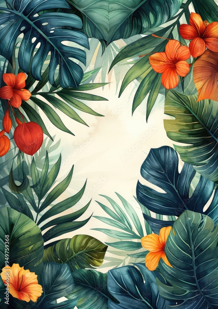 Tropical leaves frame background with white space in the center for text, white background, watercolor illustration style Tropical leaves frame background with white space in the center for text, white background, watercolor illustration style
