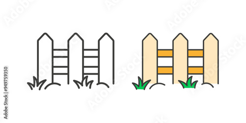 Wooden plank fence icon. Garden yard fence. Line and colored vector illustration.