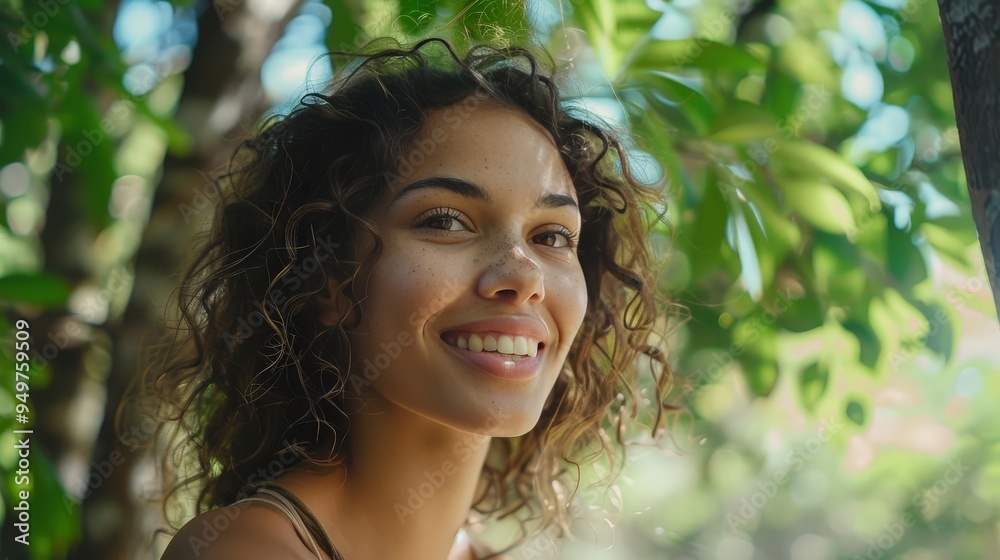Young woman with a serene smile, surrounded by nature Young woman with a serene smile, surrounded by nature