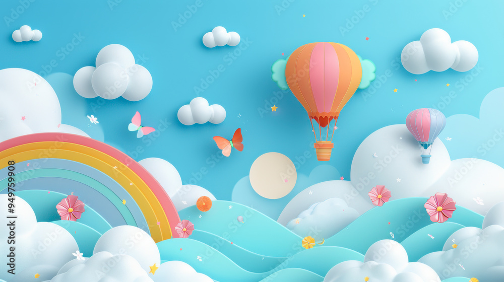 Fototapeta premium Beautiful fluffy clouds on blue sky background with summer sun