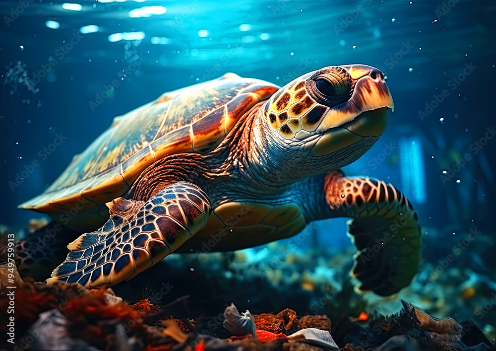 Fototapeta premium Beautiful sea turtle underwater web banner with copyspace