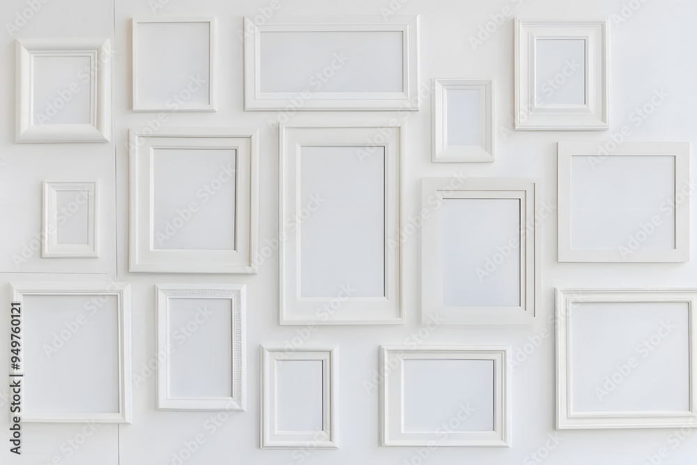 Collection of Various White Picture Frames on White Wall Mock up Collection of Various White Picture Frames on White Wall Mock up