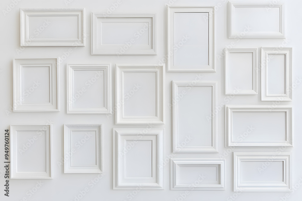 Collection of Various White Picture Frames on White Wall Mock up Collection of Various White Picture Frames on White Wall Mock up
