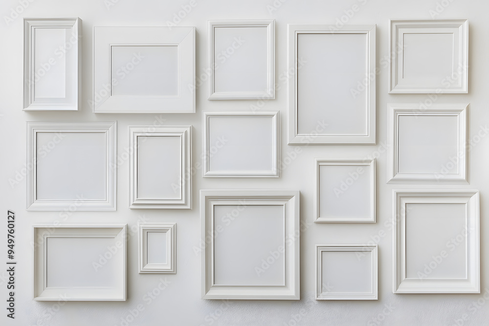 Collection of Various White Picture Frames on White Wall Mock up Collection of Various White Picture Frames on White Wall Mock up