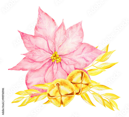 Pink poinsettia or Christmas star, golden bell, branch. Hand drawn watercolor clip art. New Year and Christmas design element. Cut out, isolated symbol of winter suitable for holiday prints, posters