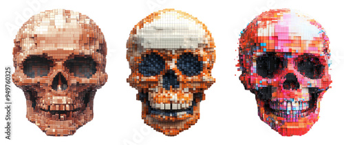 Pixelated skulls with various designs isolated on transparent background photo