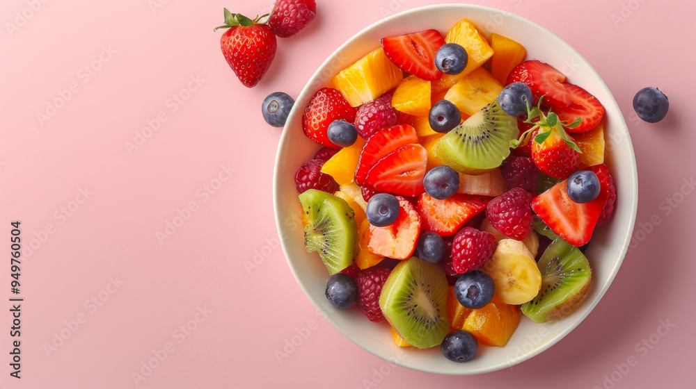 A vibrant bowl of fresh mixed fruits, including strawberries, blueberries, and mango, arranged beautifully on a pink background. A vibrant bowl of fresh mixed fruits, including strawberries, blueberries, and mango, arranged beautifully on a pink background.