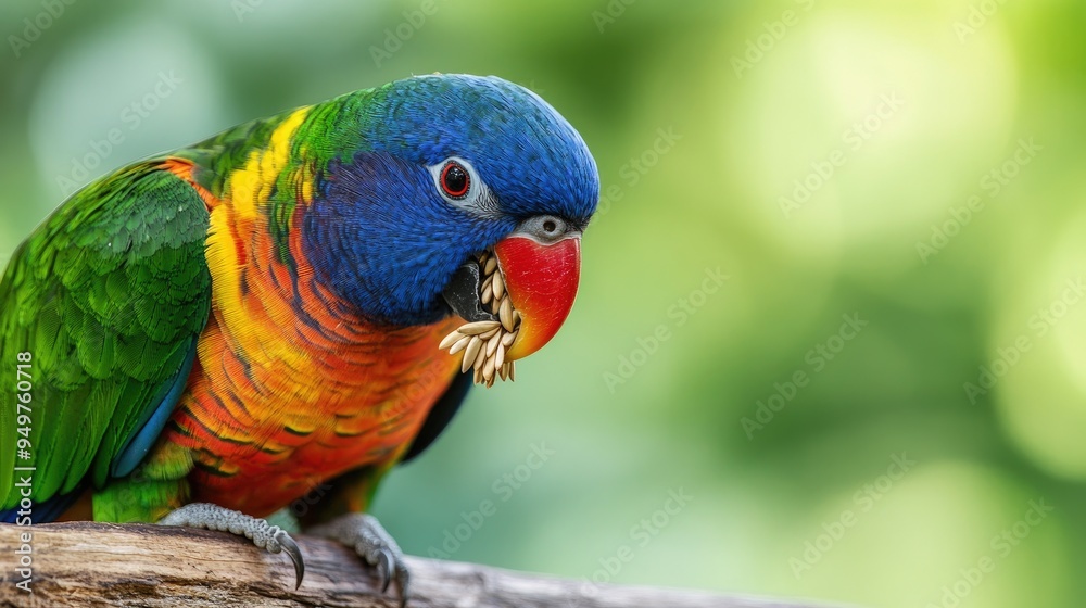A close-up of a colorful parrot nibbling on seeds, perched on a wooden branch, with a blurred green background and plenty of space for text on the right A close-up of a colorful parrot nibbling on seeds, perched on a wooden branch, with a blurred green background and plenty of space for text on the right