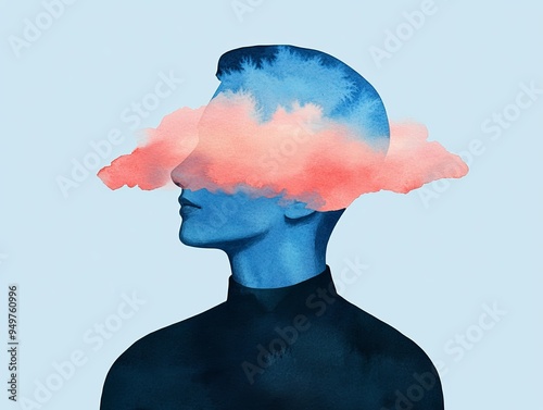 A blue silhouette of a man's head with a pink cloud covering his face. photo